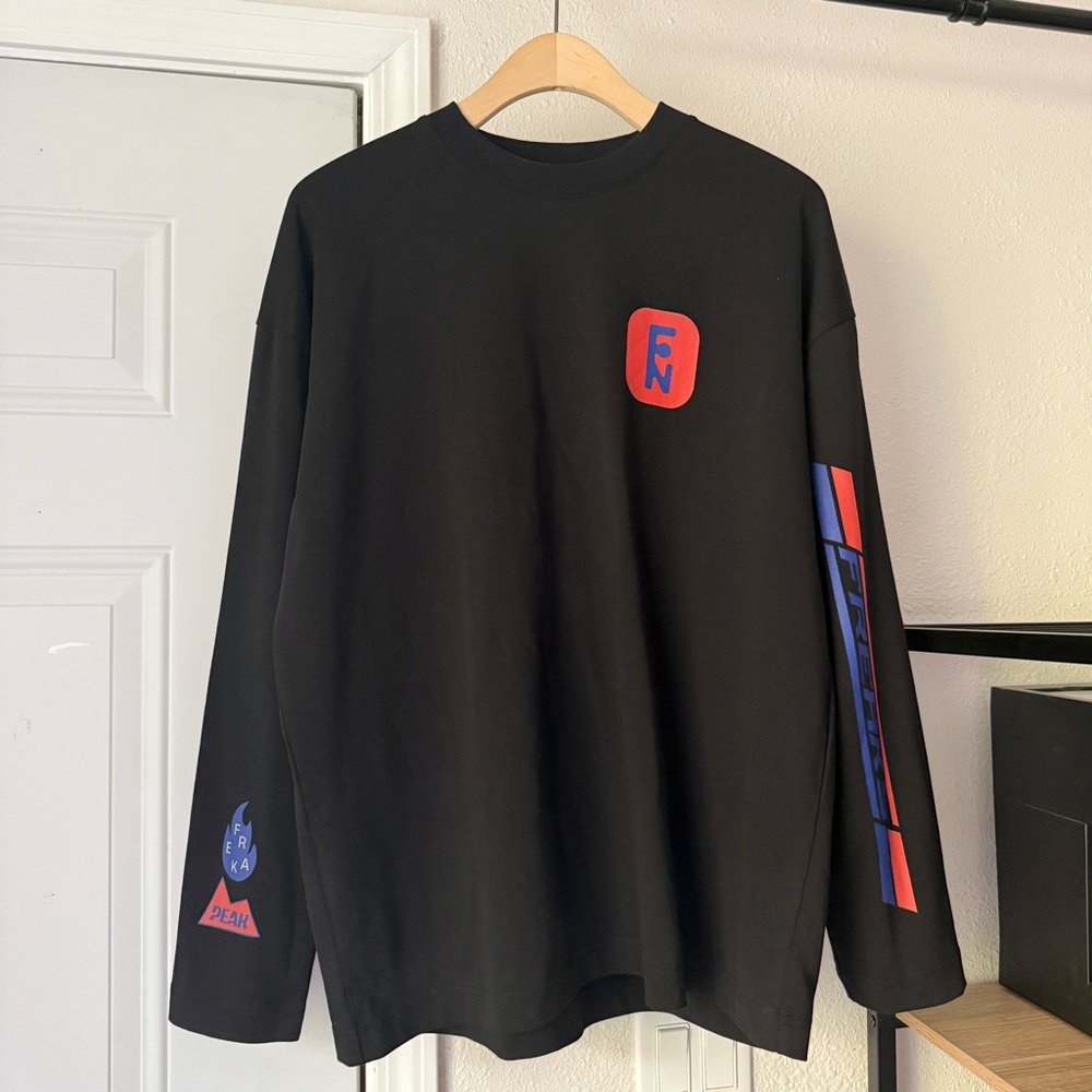 FREAKS OF NATURE black organic cotton racing logo text crew neck long sleeve tee